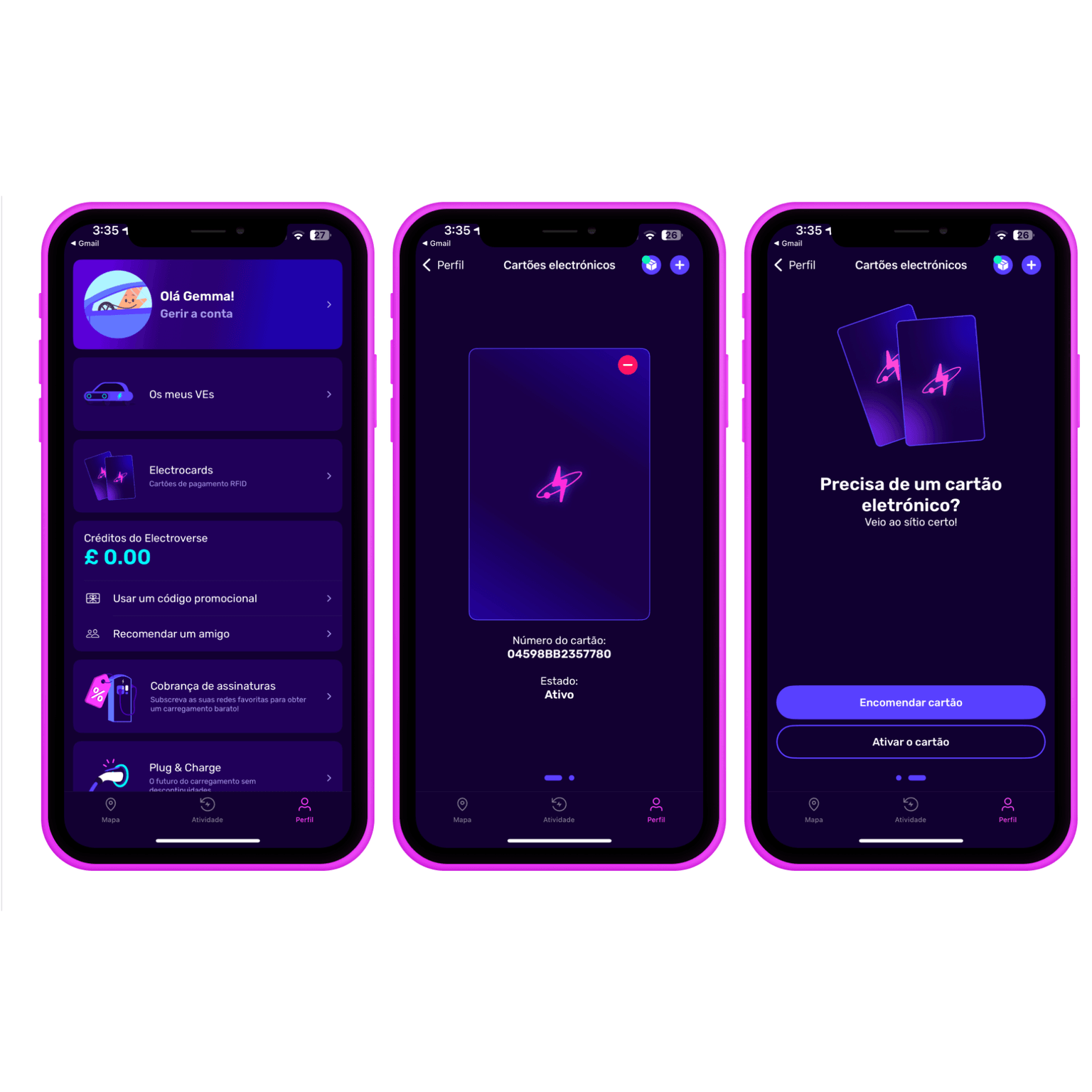 Três ecrãs de smartphones exibem uma interface de aplicação com tema roxo para gerir cartões eletrónicos, com ícones, texto e opções de navegação.