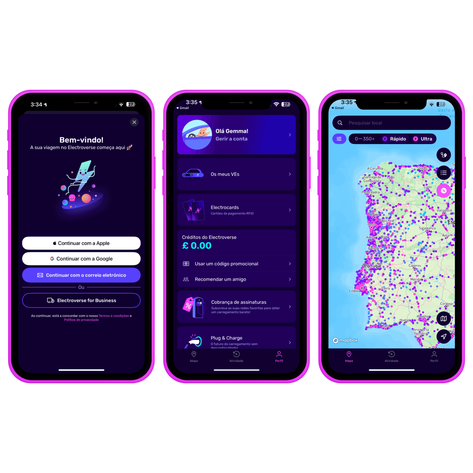 Três ecrãs de smartphones exibem uma interface de aplicação para veículos elétricos com funcionalidades de login, conta e mapa de estações de carregamento.