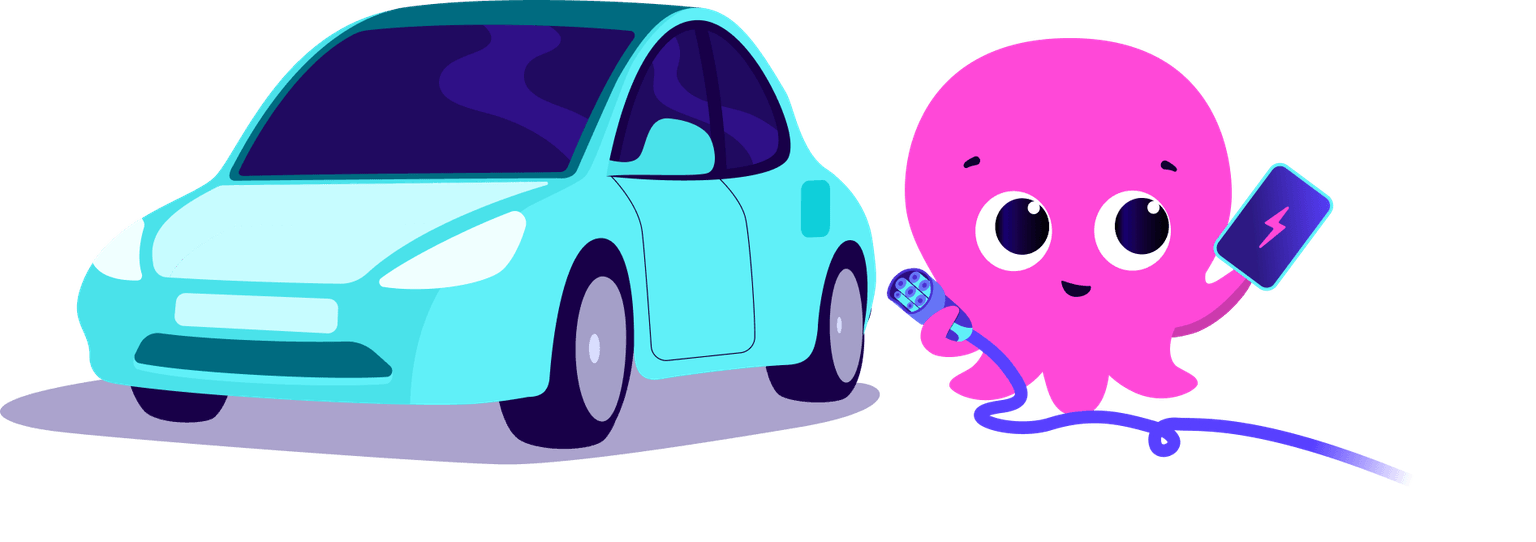 une pieuvre rose tenant un câble de recharge pour véhicule électrique et une carte de recharge, debout à côté d'une voiture électrique bleue