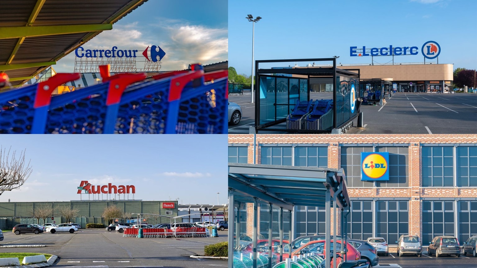 Collage de quatre magasins de détail : Carrefour, E.Leclerc, Auchan et Lidl, chacun avec des caddies et une signalétique distincte à l'extérieur.