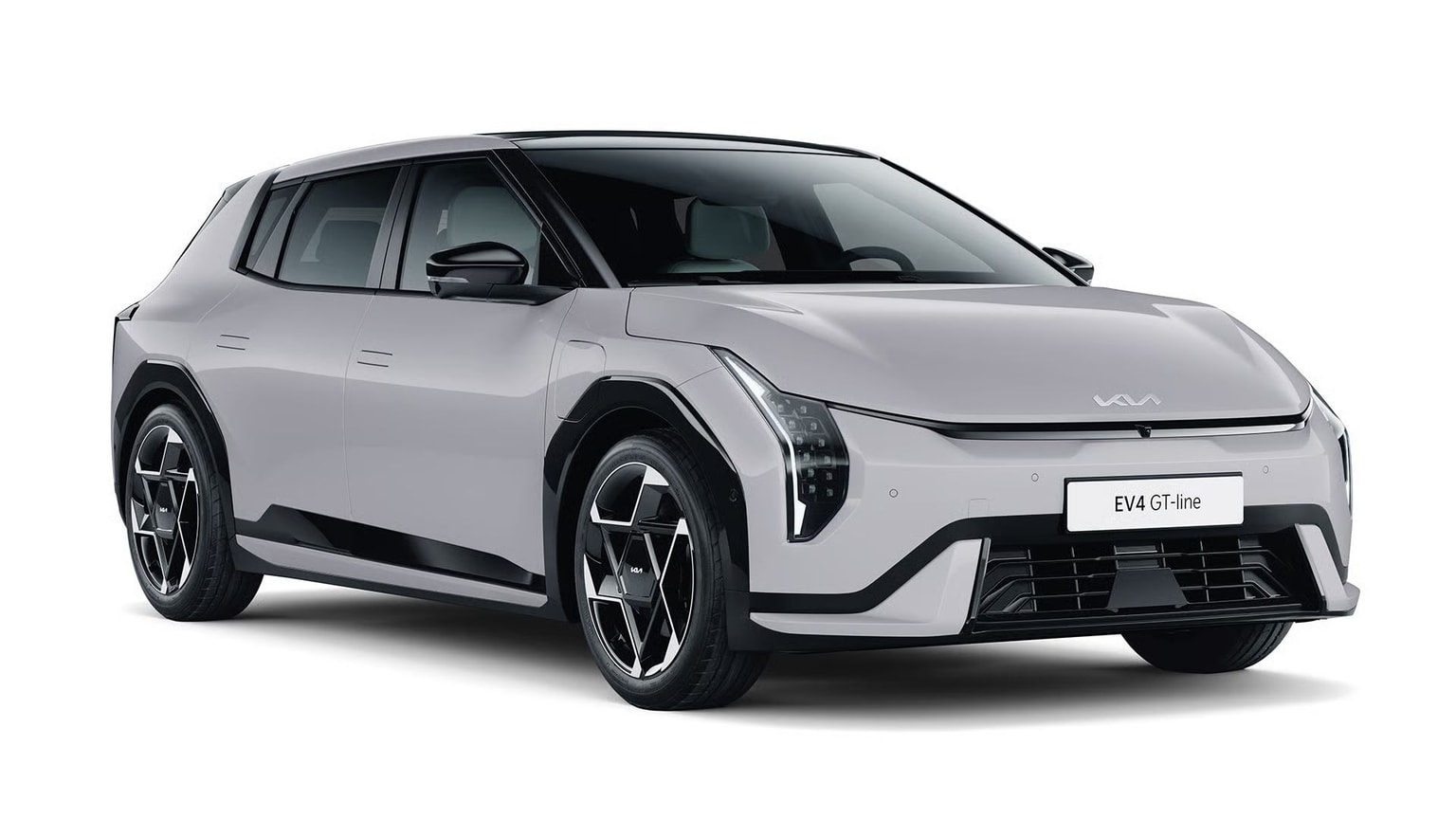 Sleek gray EV4 GT-line electric Kia with angular design, modern headlights, and black accents, viewed from the front and side.