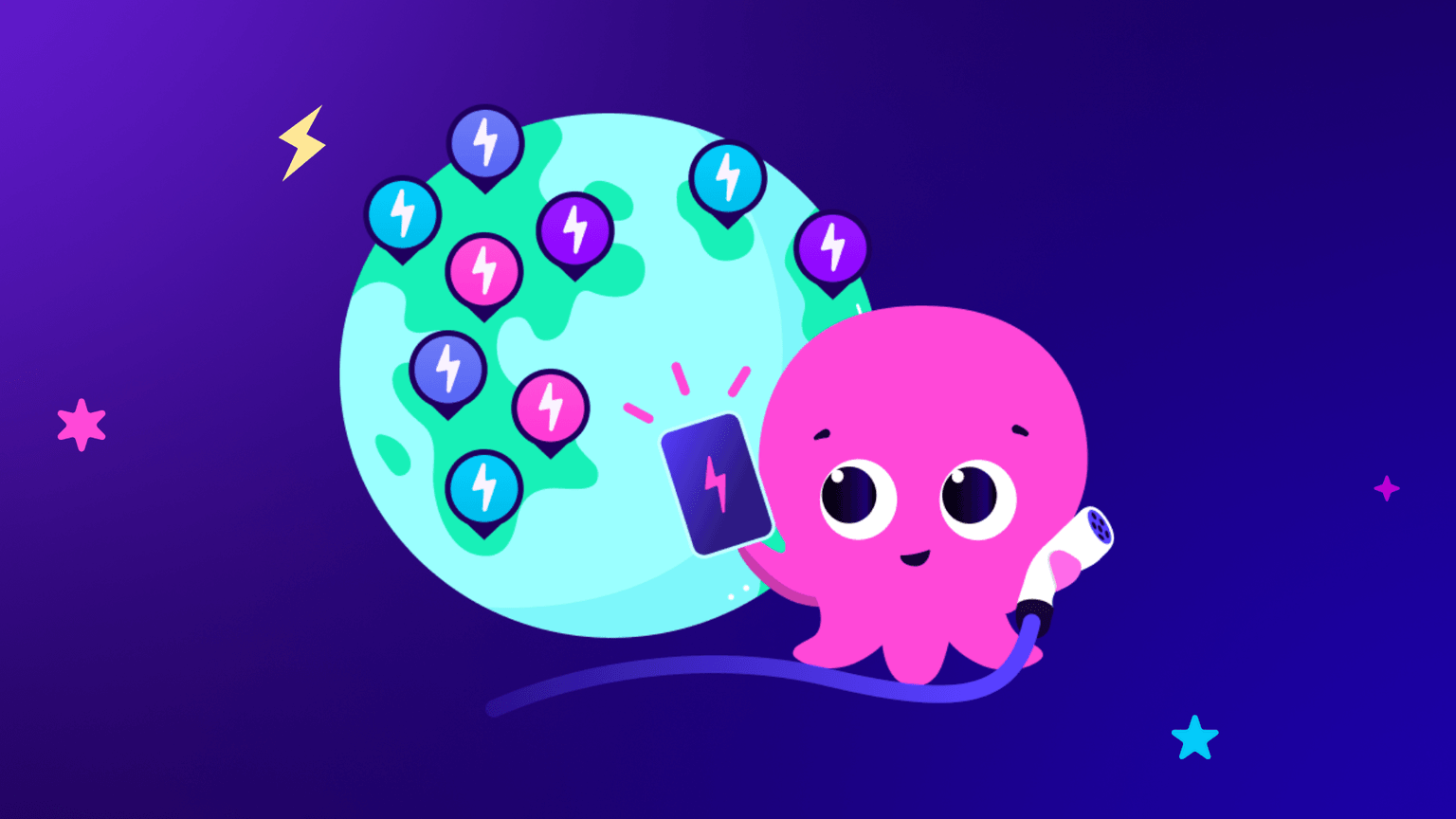 Cute pink octopus holding a plug and smartphone with a lightning bolt, standing beside a globe with multiple lightning bolt icons.
