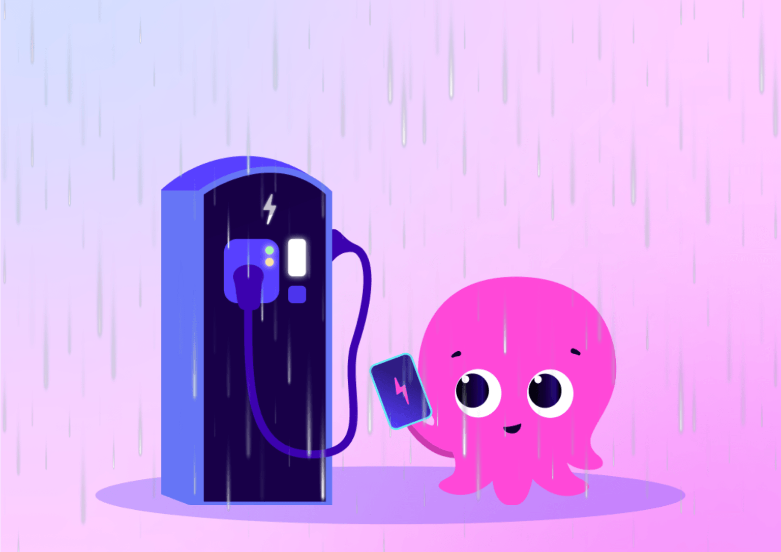 A cute pink octopus holding a charging card stands beside an electric vehicle charging station in the rain, set against a blue and purple gradient background.