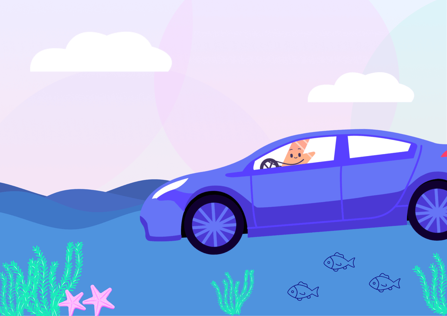 Illustrazione di un'auto elettrica blu che guida sott'acqua, circondata da pesci, alghe e stelle marine, con uno sfondo di cielo color pastello.