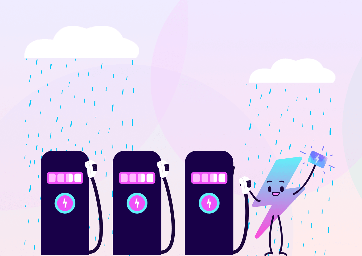 Mascotte d'Electroverse avec des chargeurs de véhicules électriques sous la pluie