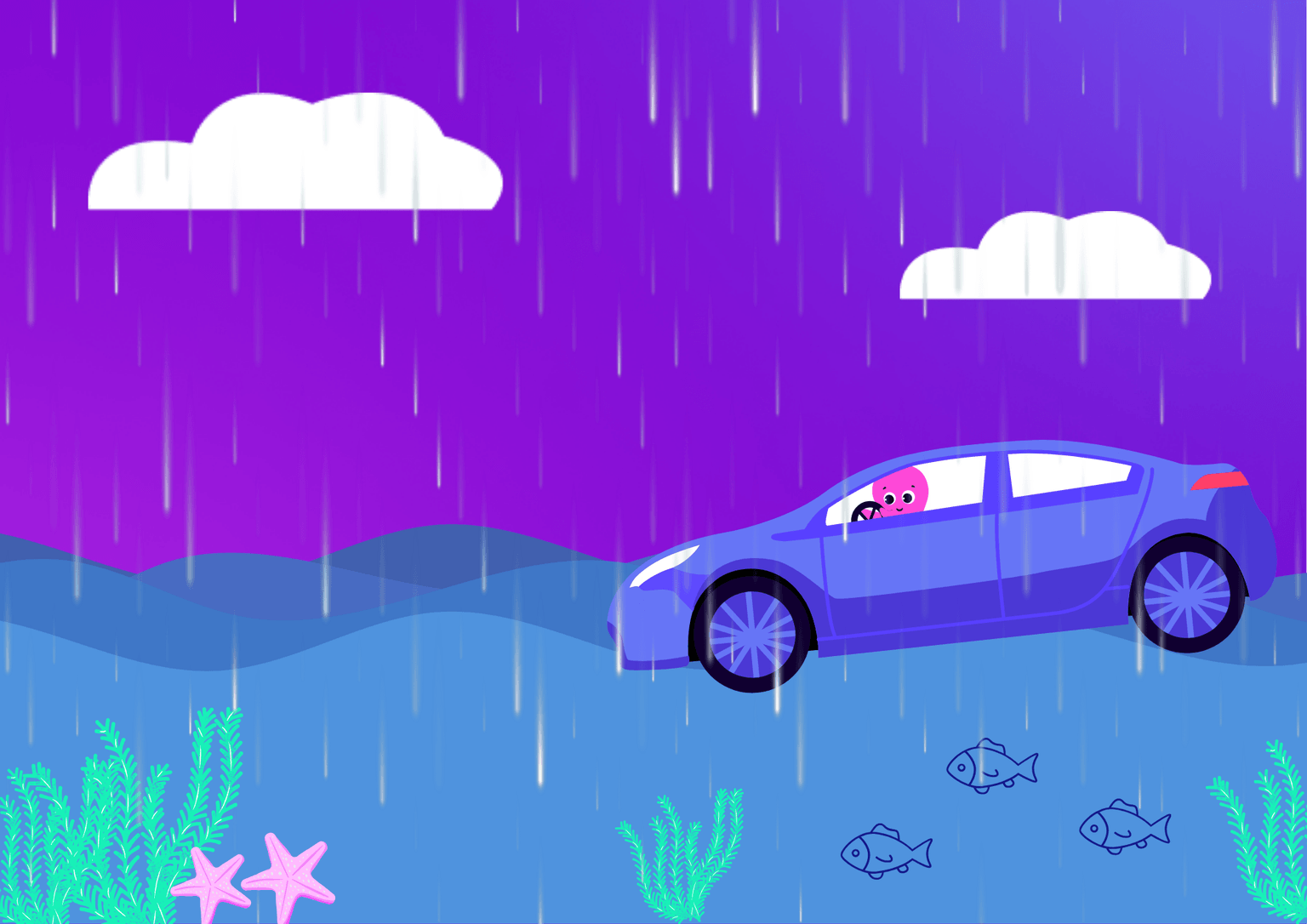 A cartoon figure driving a blue car on an underwater scene with fish, sea plants, starfish, raindrops, and purple sky with clouds.