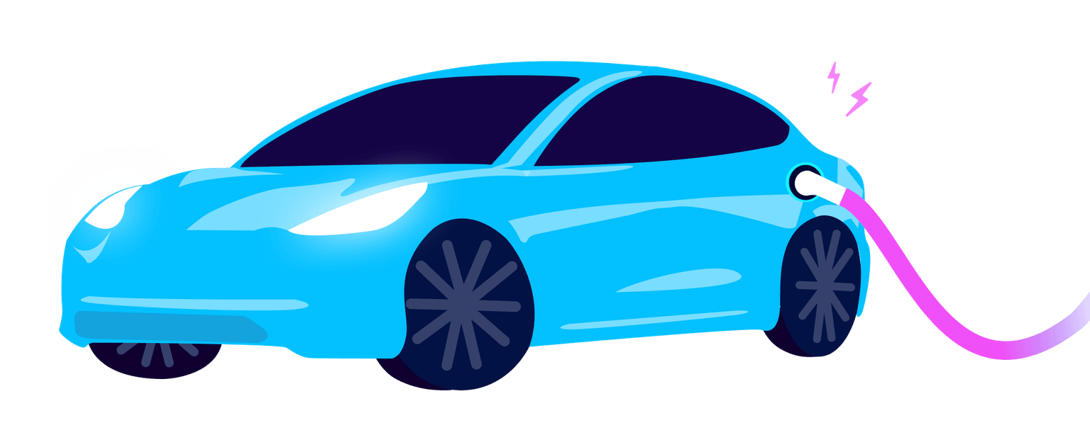 Illustrazione di un'auto elettrica blu in carica, con un cavo viola collegato alla parte posteriore, che emette il simbolo del fulmine.