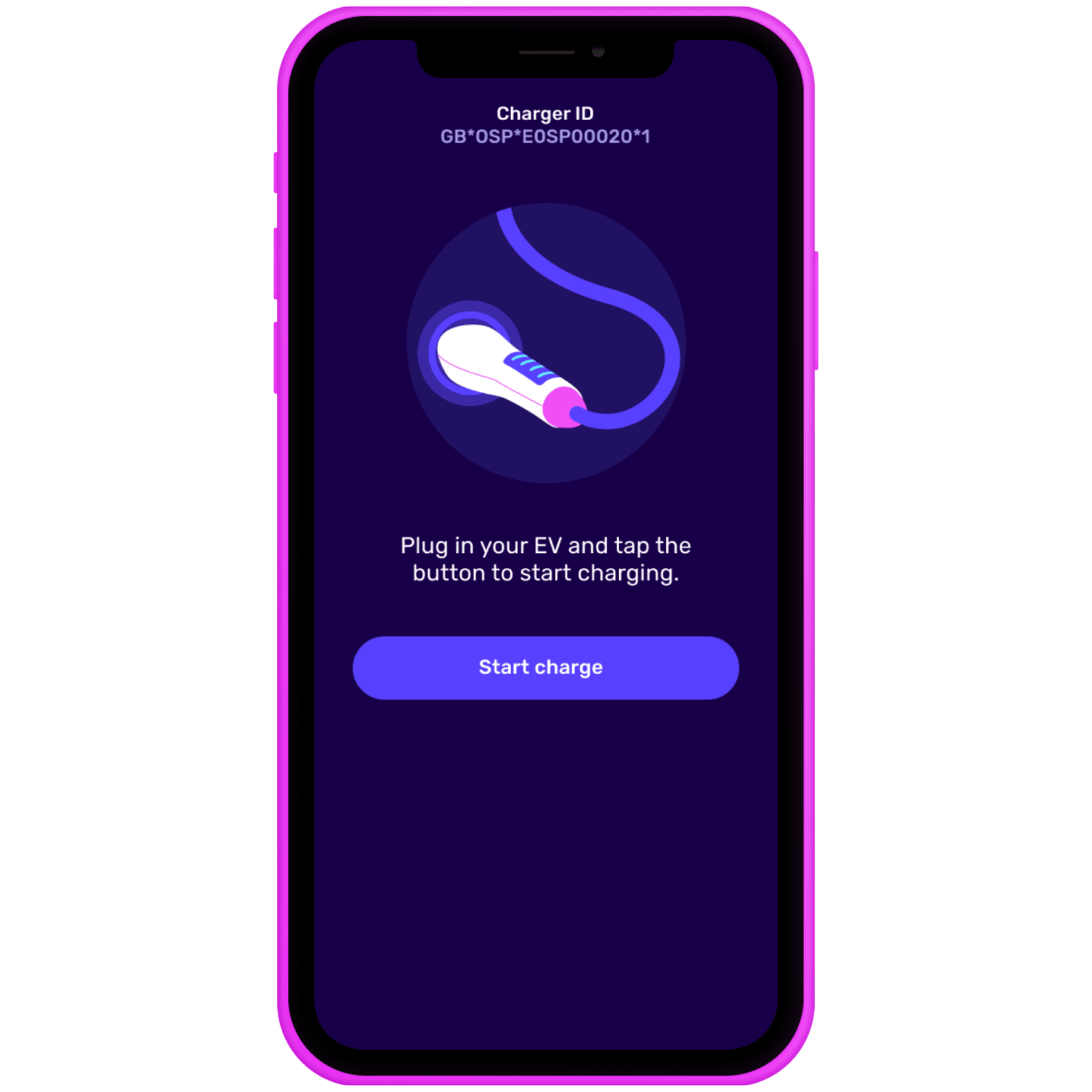 Smartphone displaying an EV charging app interface with a "Start charge" button and charger illustration on a dark background.