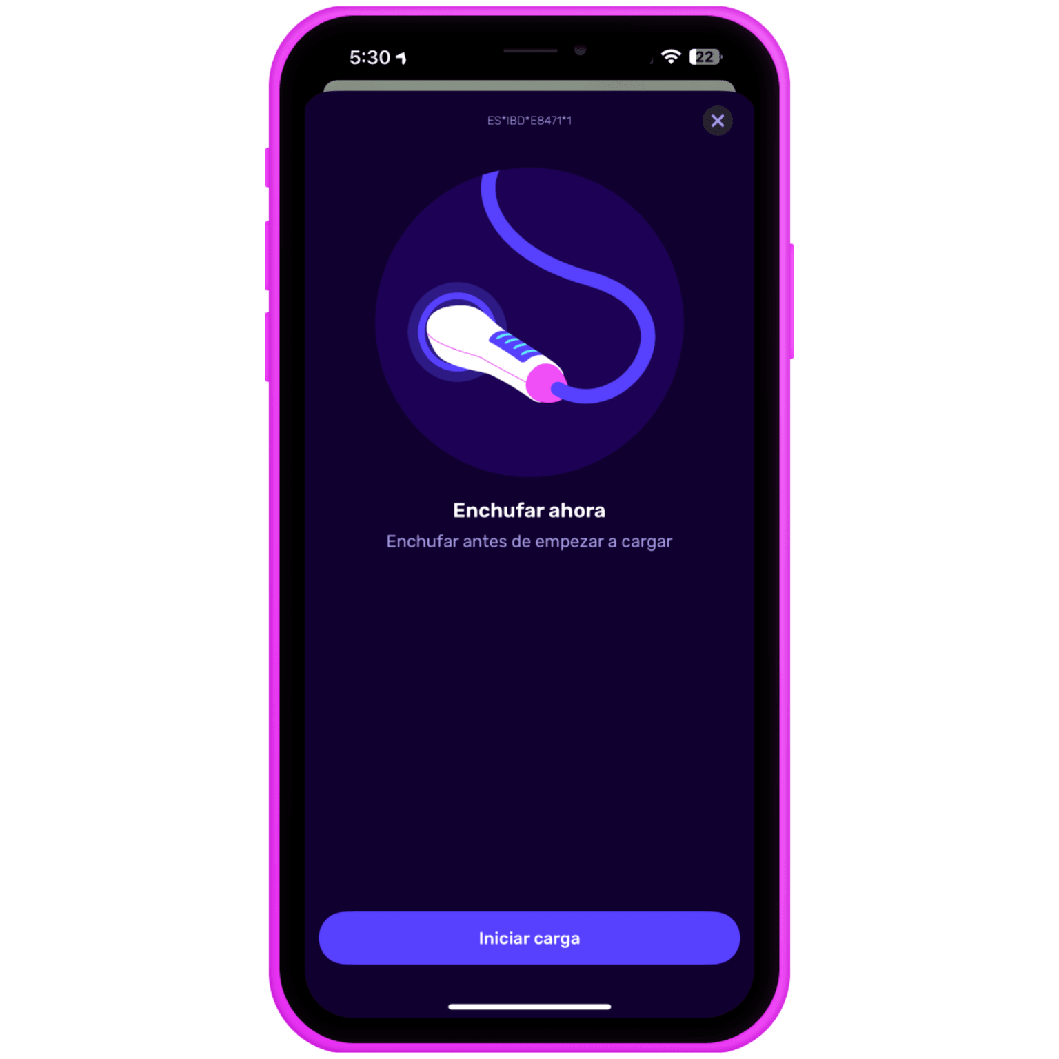 Pantalla de un smartphone que muestra un mensaje de carga con un icono estilizado de un enchufe e instrucciones en español.