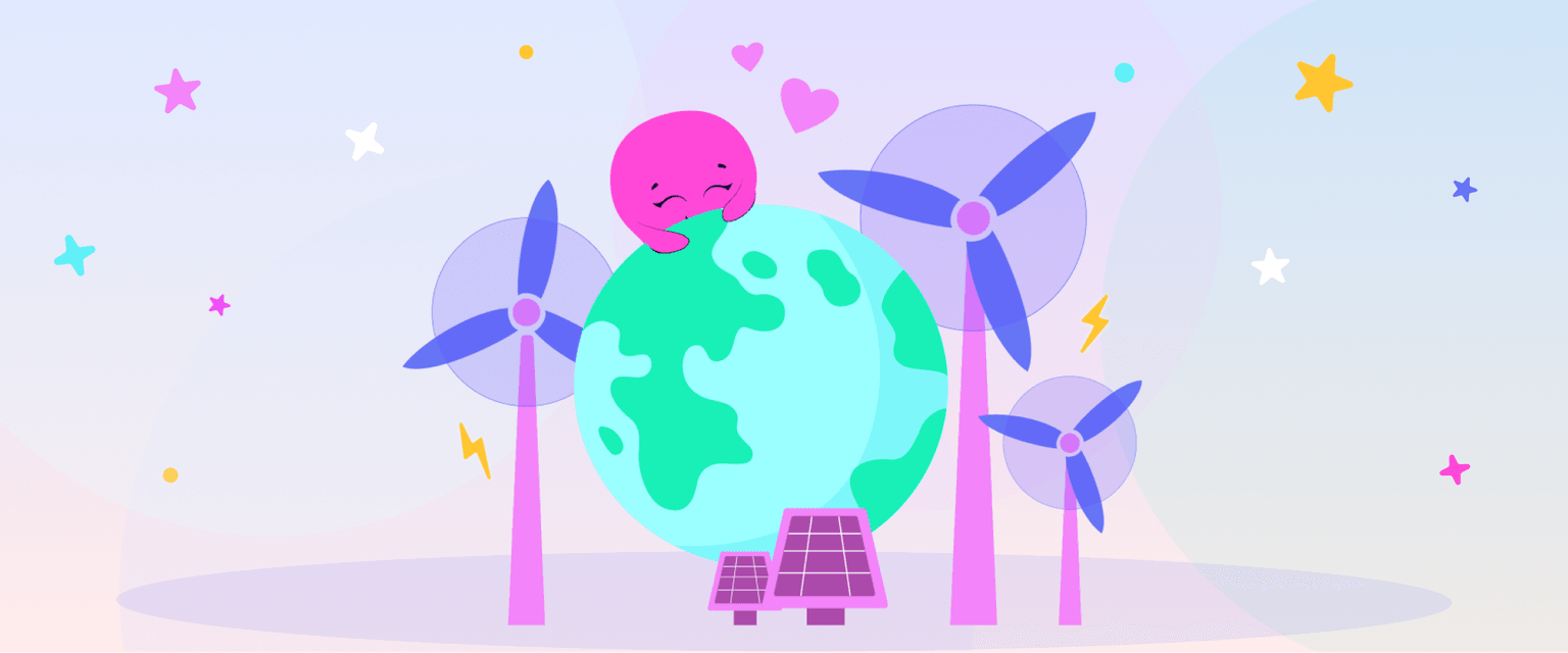 Scène fantaisiste de la Terre avec des éoliennes, des panneaux solaires, des étoiles et un personnage rose enlaçant la planète.