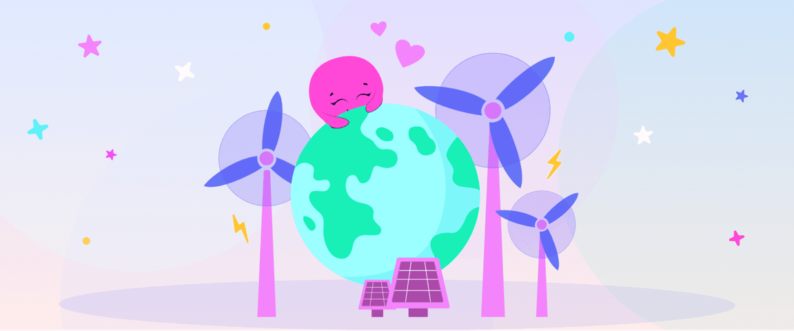 Whimsical scene of Earth with wind turbines, solar panels, stars, and a pink character hugging the planet.
