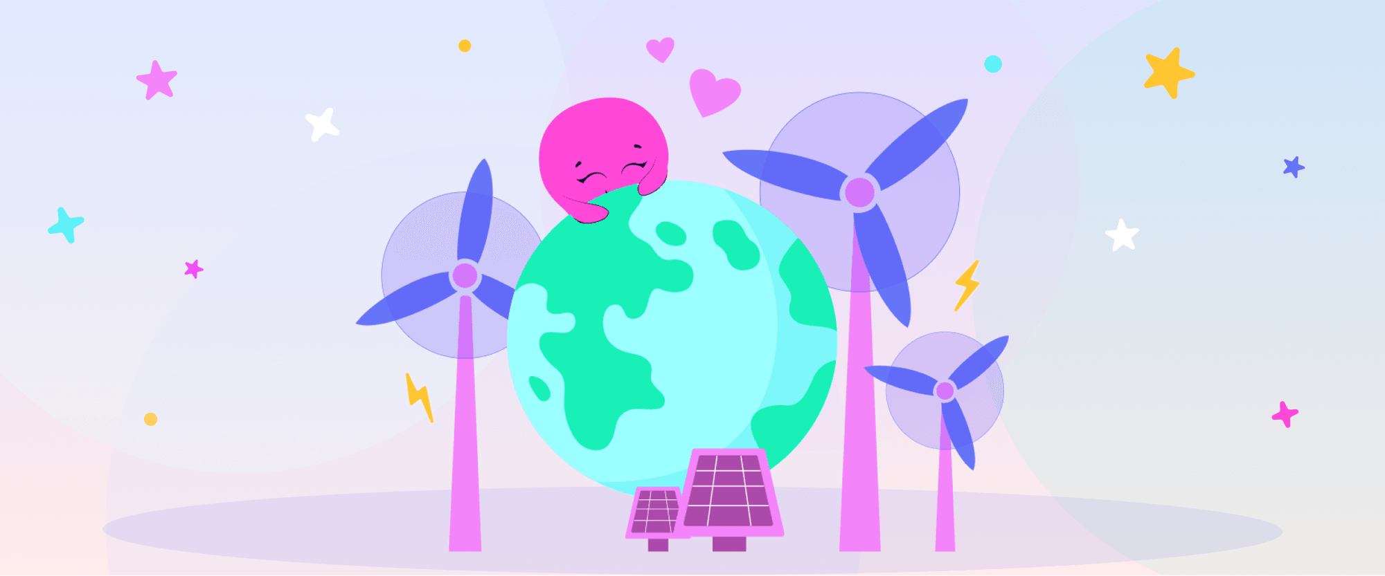 Whimsical scene of Earth with wind turbines, solar panels, stars, and a pink character hugging the planet.