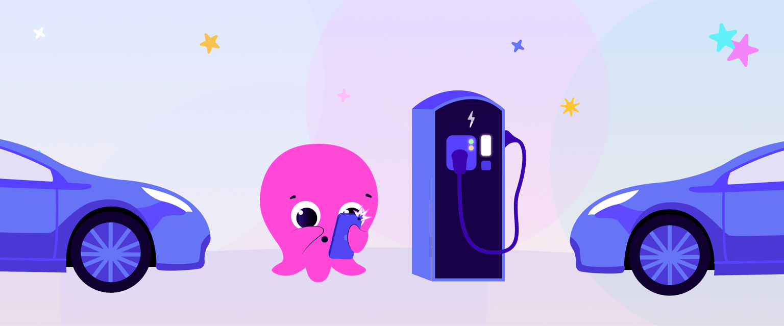 Cartoon octopus taking a photo with a phone, next to an electric vehicle charging station, is flanked by two blue cars on a pastel starry background.