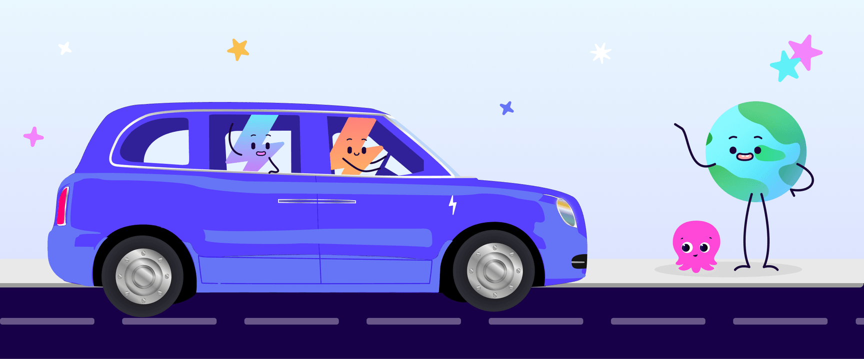 Un'auto blu con passeggeri sorridenti passa davanti a un cartone animato raffigurante la Terra che saluta con la mano e un polipo rosa su una strada stellata.