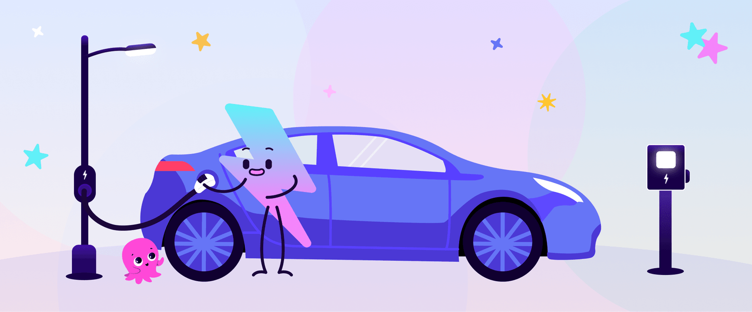 Personaggio dei cartoni animati che carica un'auto elettrica presso una stazione di ricarica, con un piccolo polpo rosa nelle vicinanze.
