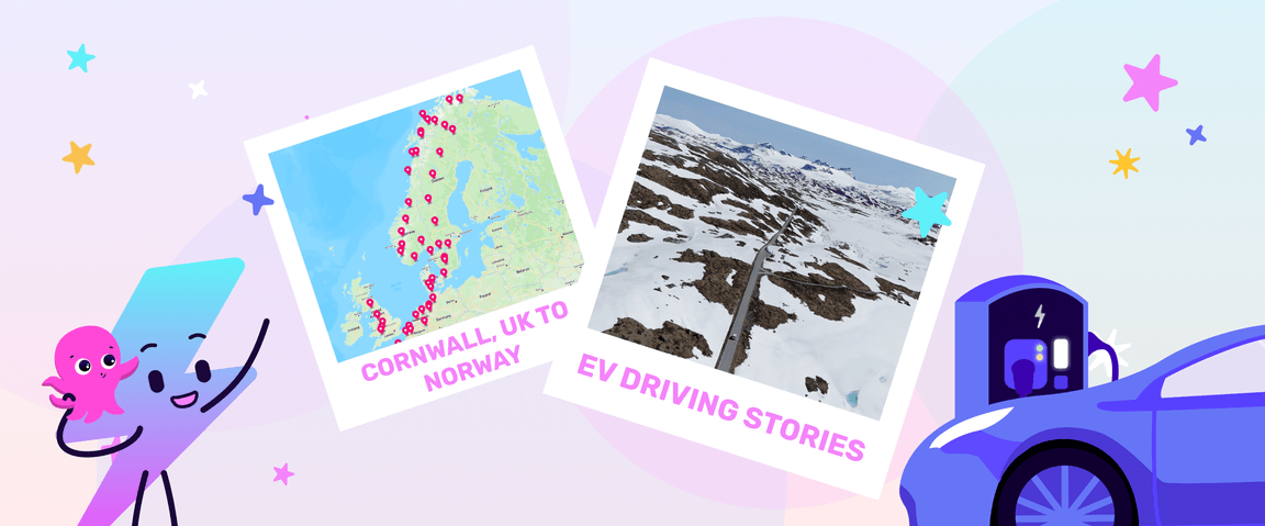 Two images in polaroid outlines, one is a green map with red pins representing charging locations on a route. The other photo is an aerial shot of mountainous plains covered in snow with a small car on a road in the centre. A pink and blue background with a lightning bolt cartoon character, a pink octopus and an depiction of an electric vehicle with a charger.
