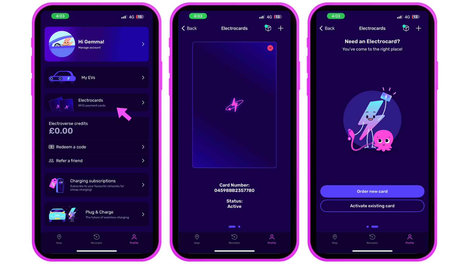 Three iphone screens in an graphic pink format. Each has a different screen, a stage in ordering Electrocards via the Electroverse app. These cards are used to start and pay for public EV charging, useful if you don't have your phone or are in a low service area.