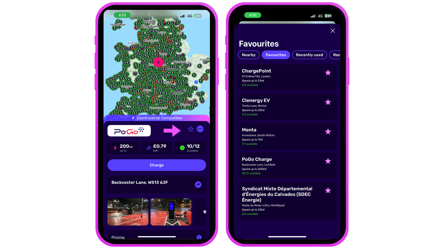 Three pink iPhone graphics that are filled with screenshots of the Octopus Electroverse app. The screens show you how to add a charger to your favourites list and where the list can be found afterwards