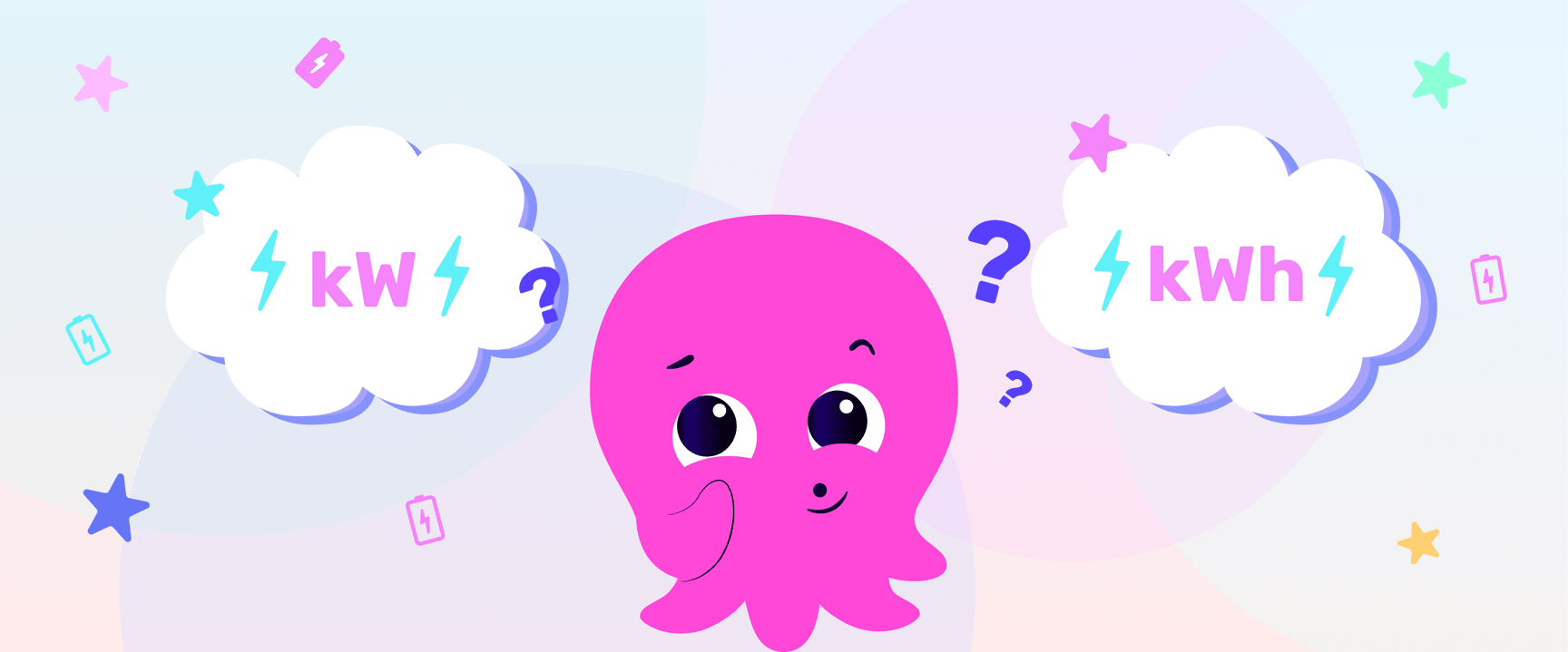 Um polvo rosa intrigado a pensar em «kW» e «kWh», com pontos de interrogação e estrelas num fundo pastel suave.