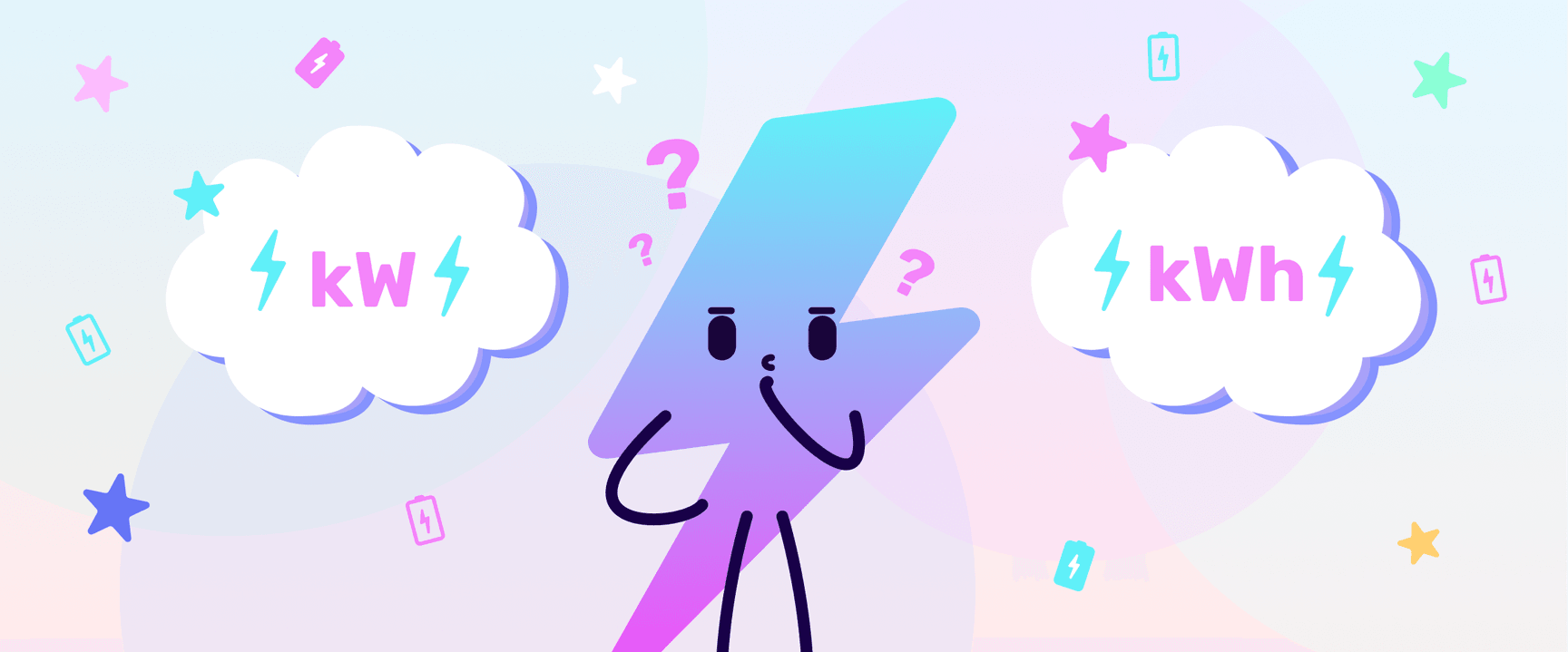La imagen muestra a Zapman, la mascota de Electroverse, cuestionando la diferencia entre kW y kWh.