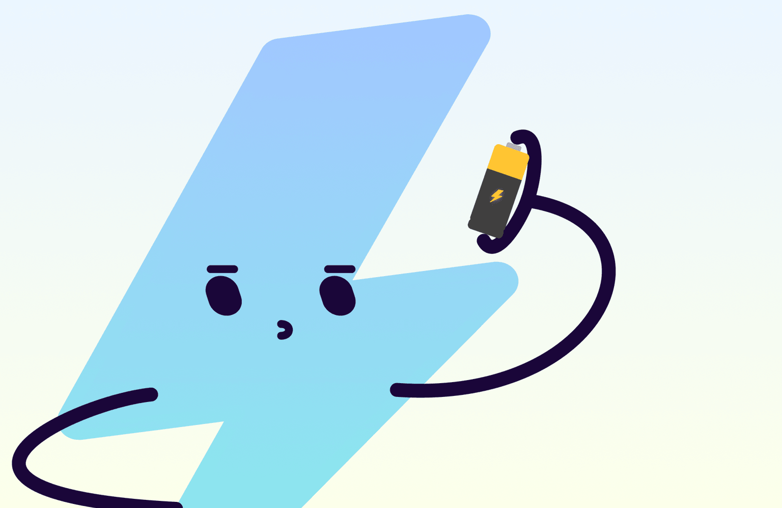 Rayo azul de dibujos animados con cara y brazos, sosteniendo una batería con un símbolo de rayo, sobre un fondo degradado.