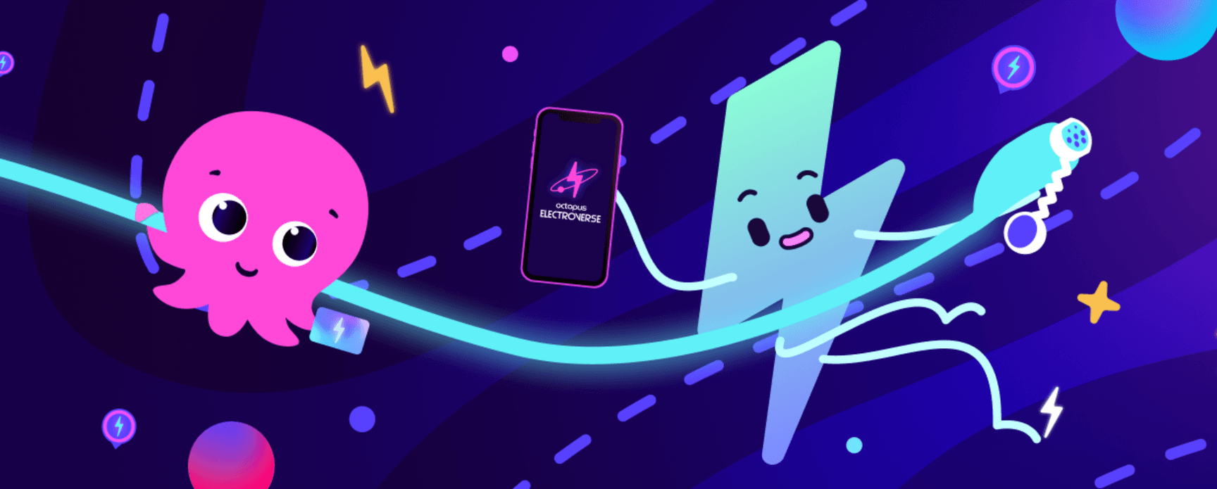 Un polipo rosa e un fulmine fluttuano nello spazio, tenendo in mano uno smartphone e un cavo di ricarica per veicoli elettrici, circondati da simboli colorati.