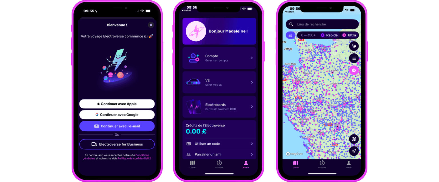 Trois écrans de smartphone affichant une interface d'application française avec des options de connexion, des détails de compte et une carte avec de nombreux marqueurs de localisation.