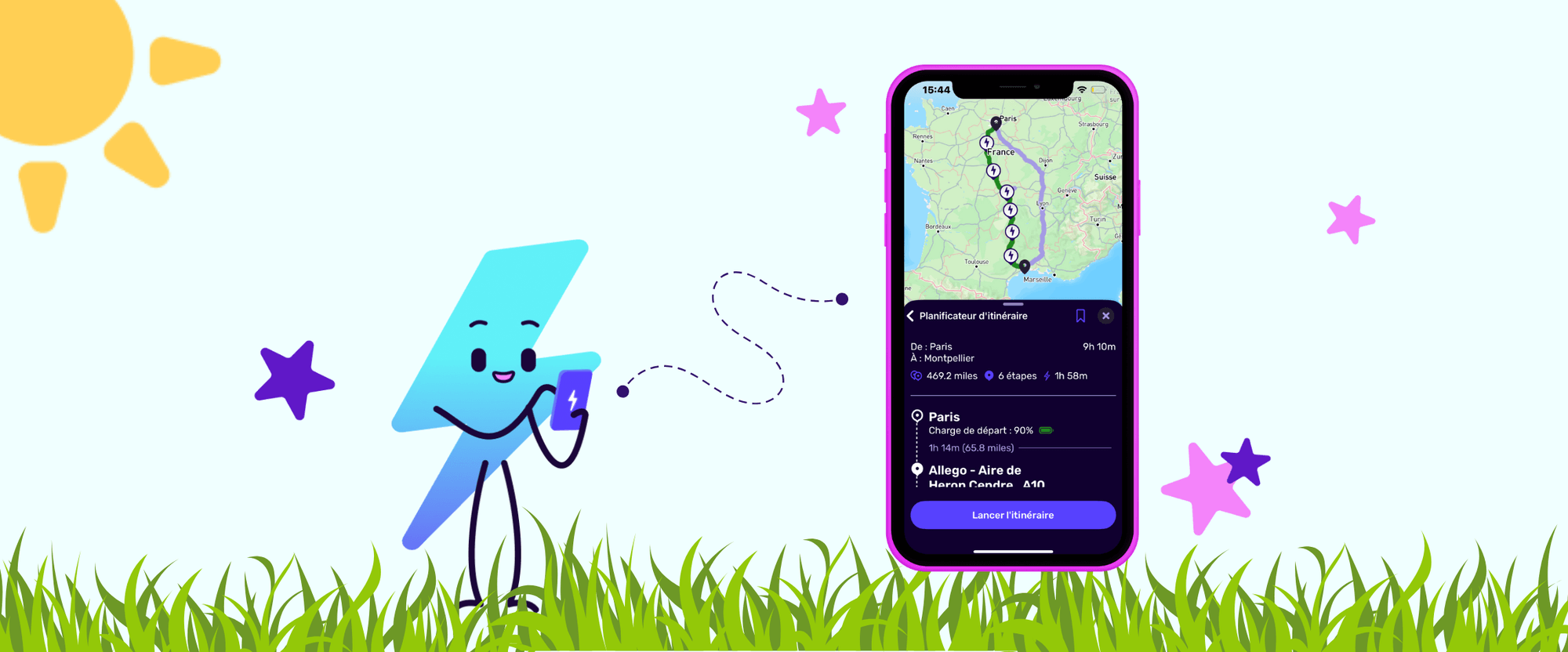 Personnage de dessin animé avec un téléphone, affichant le planificateur d'itinéraire Electroverse sur l'écran d'un smartphone, entouré d'herbe, d'étoiles et d'un soleil.