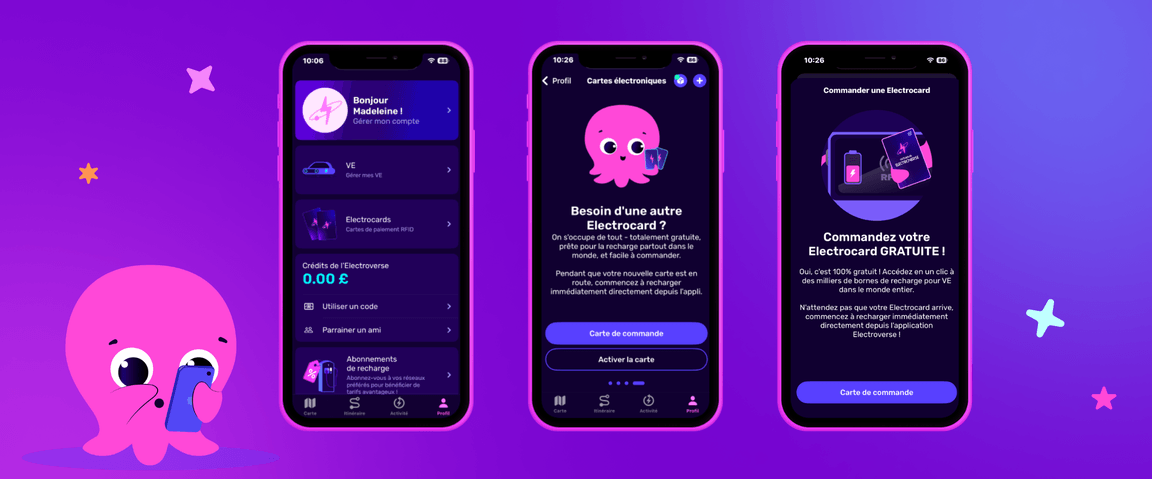 Trois écrans de smartphones affichent une application à dominante violette avec une mascotte de pieuvre rose, présentant une interface et des options de service de carte numérique.