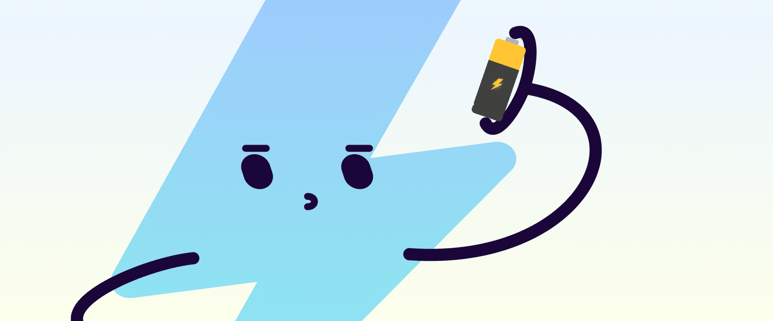 Fulmine in stile cartoon che tiene in mano una batteria con il simbolo del fulmine, su uno sfondo sfumato.