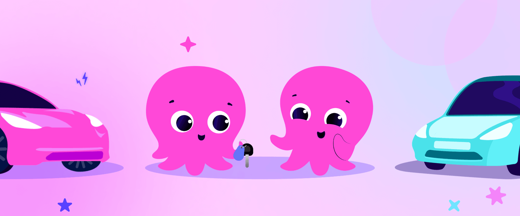 Deux pieuvres roses souriantes, l'une tenant une clé de voiture, entre des voitures roses et bleues sur un fond pastel étoilé.