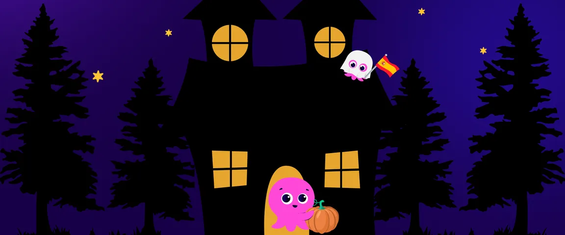 A pink cartoon octopus with a pumpkin stands by a dark haunted house, alongside an octopus ghost holding a Spanish flag, against a starry night sky.