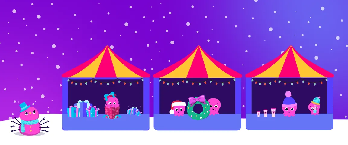 Colourful market stalls with octopus characters, decorated with lights and snow, displaying gifts and festive items under a purple sky.