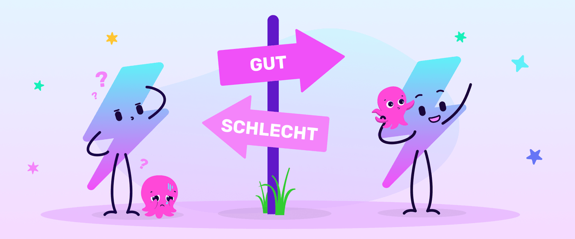 Electroverse-Maskottchen mit „guten“ und „schlechten“ Zeichen.