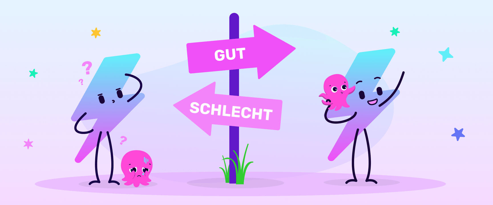 Electroverse-Maskottchen mit „guten“ und „schlechten“ Zeichen.