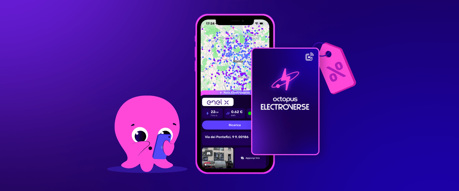 Simpatico polpo accanto a uno smartphone con mappa colorata, che mostra l'app Octopus Electroverse. Tema viola con dettagli sui prezzi e una scheda di ricarica.