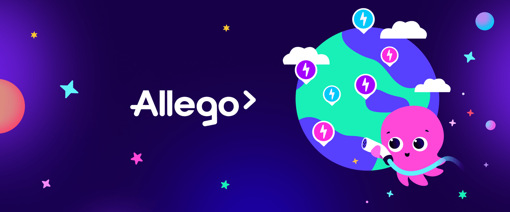 Une adorable pieuvre tenant un câble de recharge à côté de la Terre, accompagnée de symboles électriques ; le logo Allego sur un fond violet étoilé.