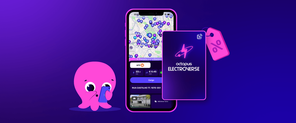 Polvo fofinho ao lado de um smartphone com um mapa colorido, exibindo a aplicação Octopus Electroverse. Tema roxo com detalhes de preços e um cartão de carregamento.