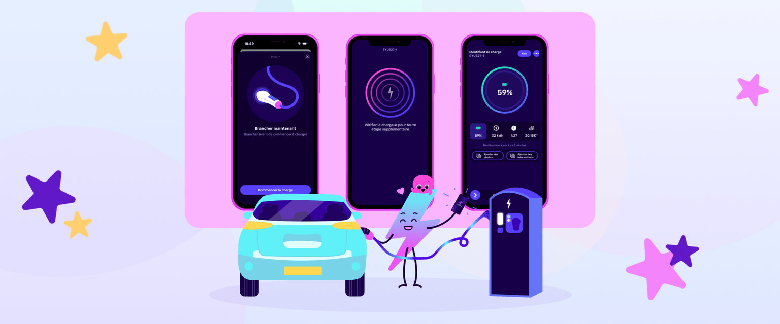 Personnage de dessin animé chargeant une voiture électrique à une station, avec trois écrans de smartphone affichant des applications de charge en arrière-plan.