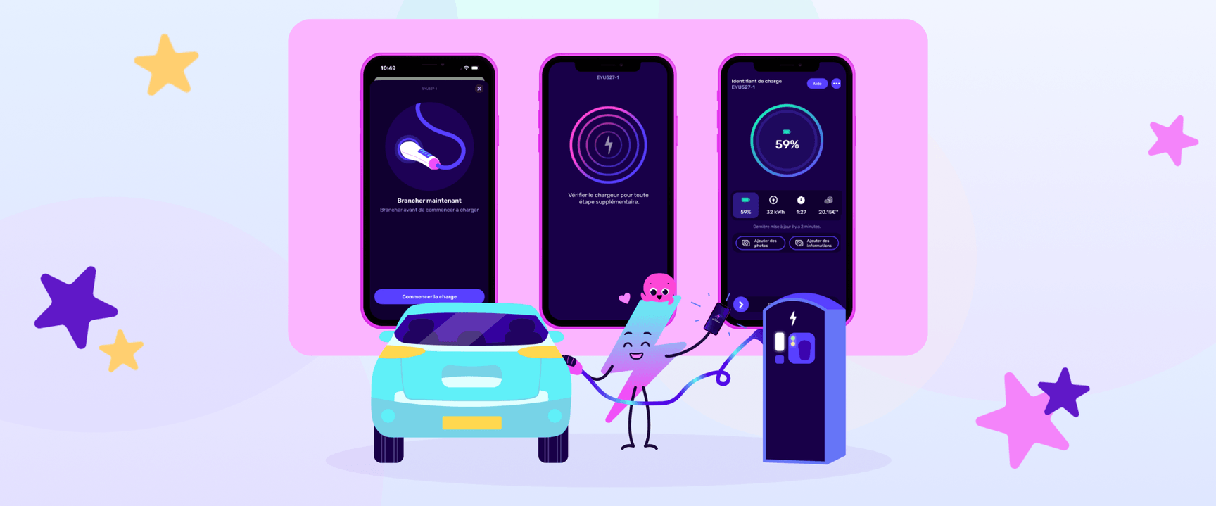 Personnage de dessin animé chargeant une voiture électrique à une station, avec trois écrans de smartphone affichant des applications de charge en arrière-plan.