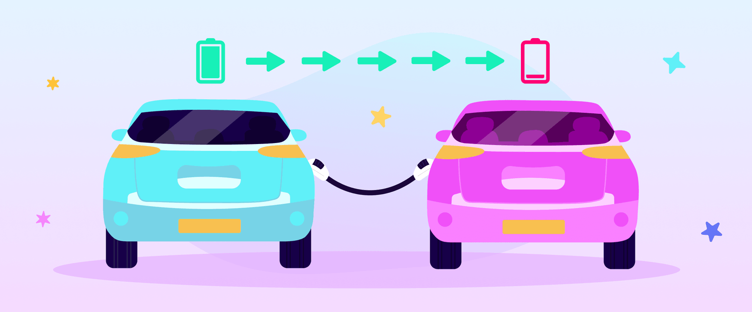 Scena di cartone animato. Due auto elettriche, blu e rosa, sono collegate da un cavo di ricarica. Un'auto usa la sua batteria per ricaricare l'altra (ricarica bidirezionale).