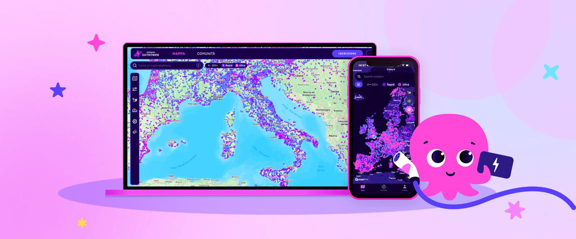 Cartoon octopus holding a charging connector next to devices showing maps of electric vehicle charging stations in Europe.
