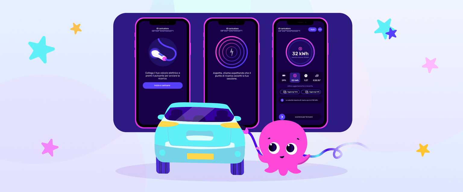 Illustration de trois captures d'écran de smartphone montrant l'application de recharge pour véhicules électriques Electroverse, avec une voiture bleue et une pieuvre rose stylisée tenant un câble.