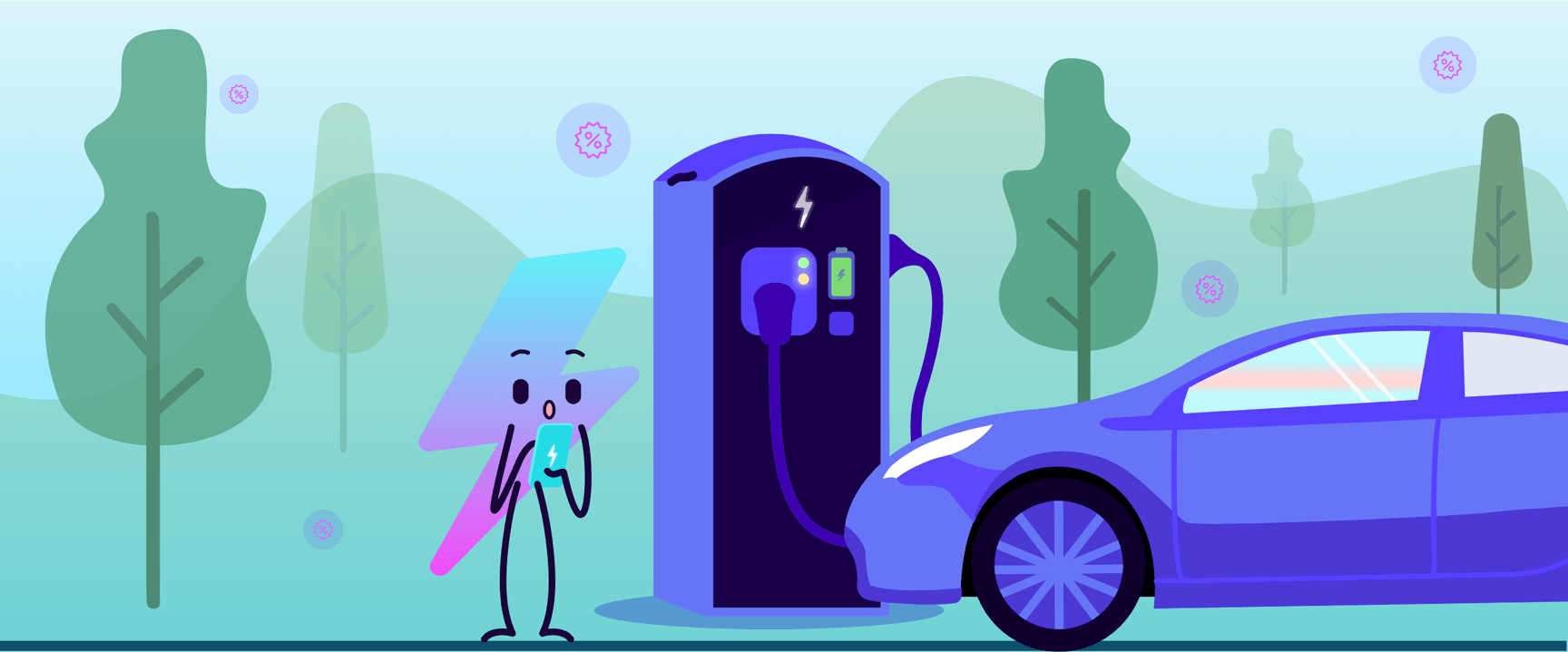 Illustration d'une voiture électrique bleue en cours de recharge à une station, avec un conducteur heureux tenant un téléphone à la main, sur fond d'arbres.