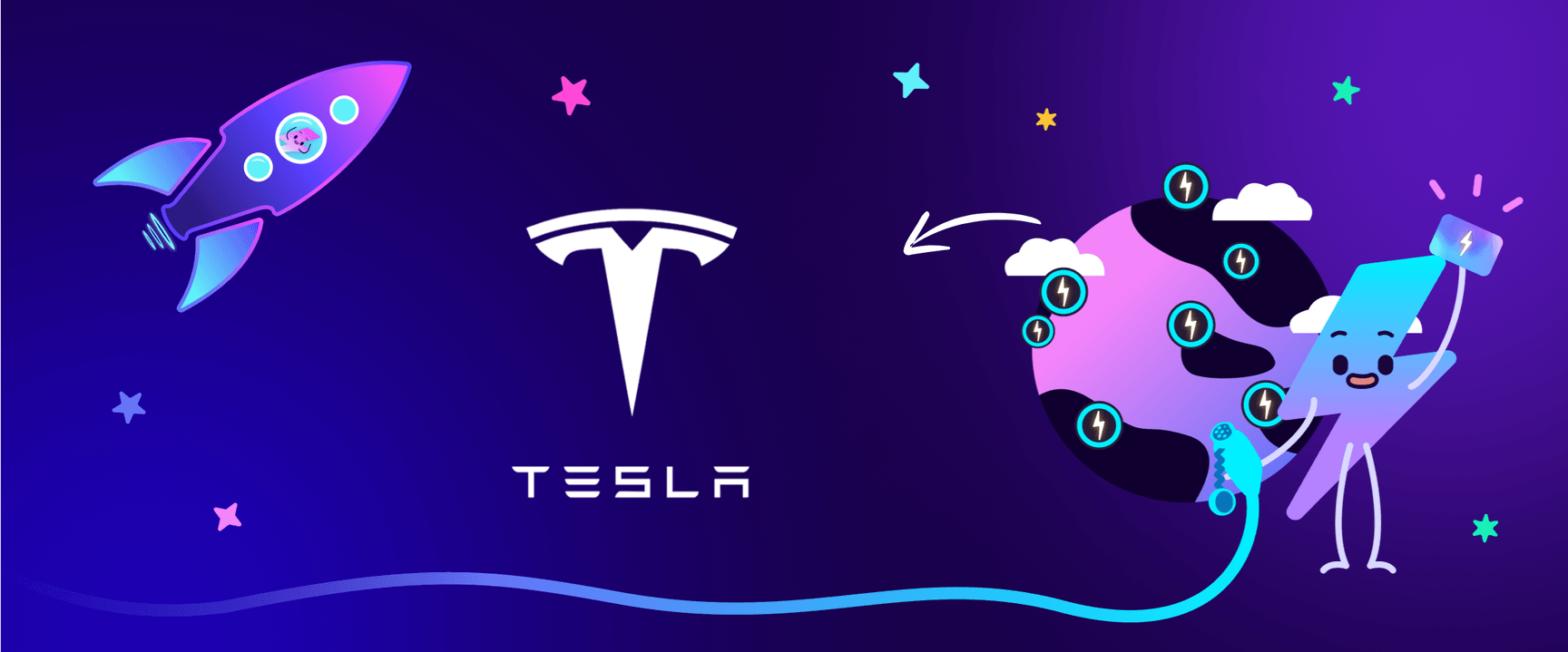 Illustration d'une fusée, du logo Tesla et d'un personnage chargeant une planète avec une prise, sur un fond violet avec des étoiles.