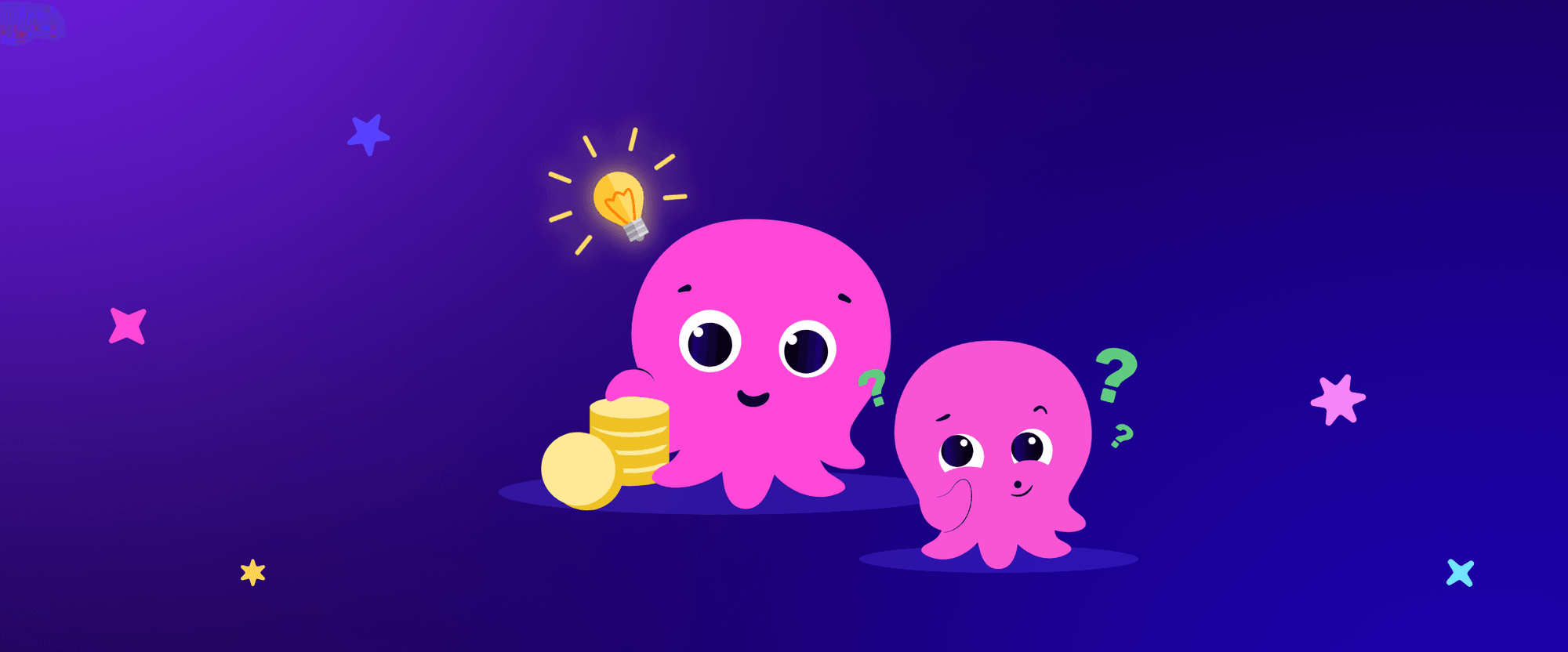 Two pink cartoon octopuses on a purple background, one holding coins and a lightbulb, the other with question marks. Colorful stars surround them.