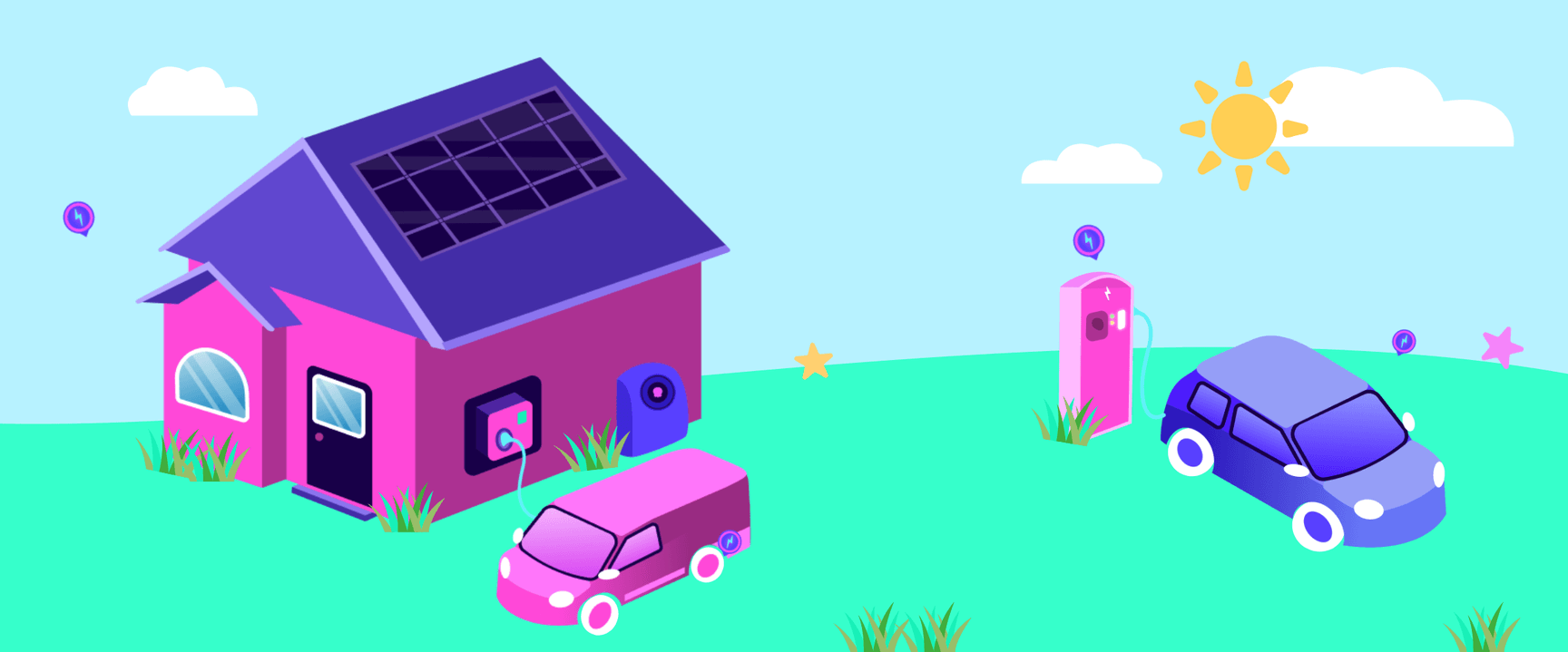Illustrazione di una casa con pannelli solari, auto elettriche e stazioni di ricarica sotto un cielo soleggiato e nuvoloso.