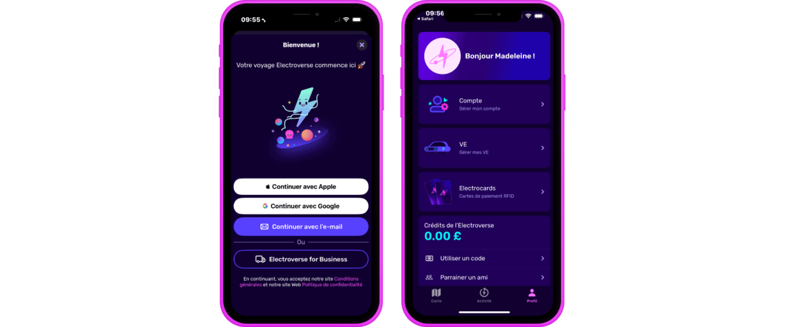 Deux écrans de smartphone affichant une interface d'application sur le thème violet avec des options de connexion, des détails de compte et diverses fonctionnalités liées à Electroverse.