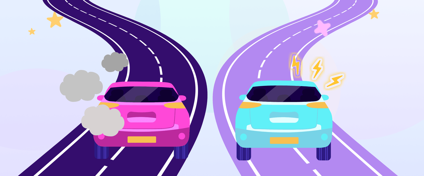 Illustrazione di un'auto rosa che emette gas di scarico e di un'auto elettrica blu con simboli di fulmini su strade separate, a simboleggiare le auto tradizionali rispetto alle auto elettriche.