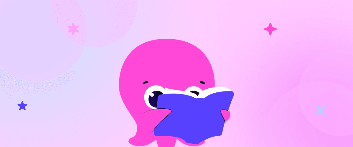 Une adorable pieuvre rose en train de lire un livre bleu sur un fond rose pâle et violet orné de motifs en forme d'étoiles.